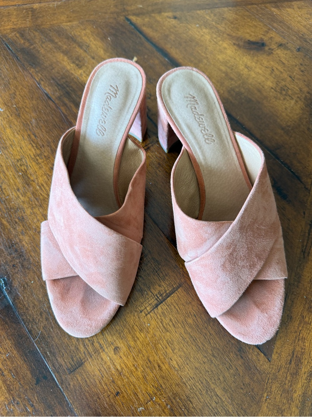 Madewell Dusty Pink Suede Crisscross Block Heel Mules